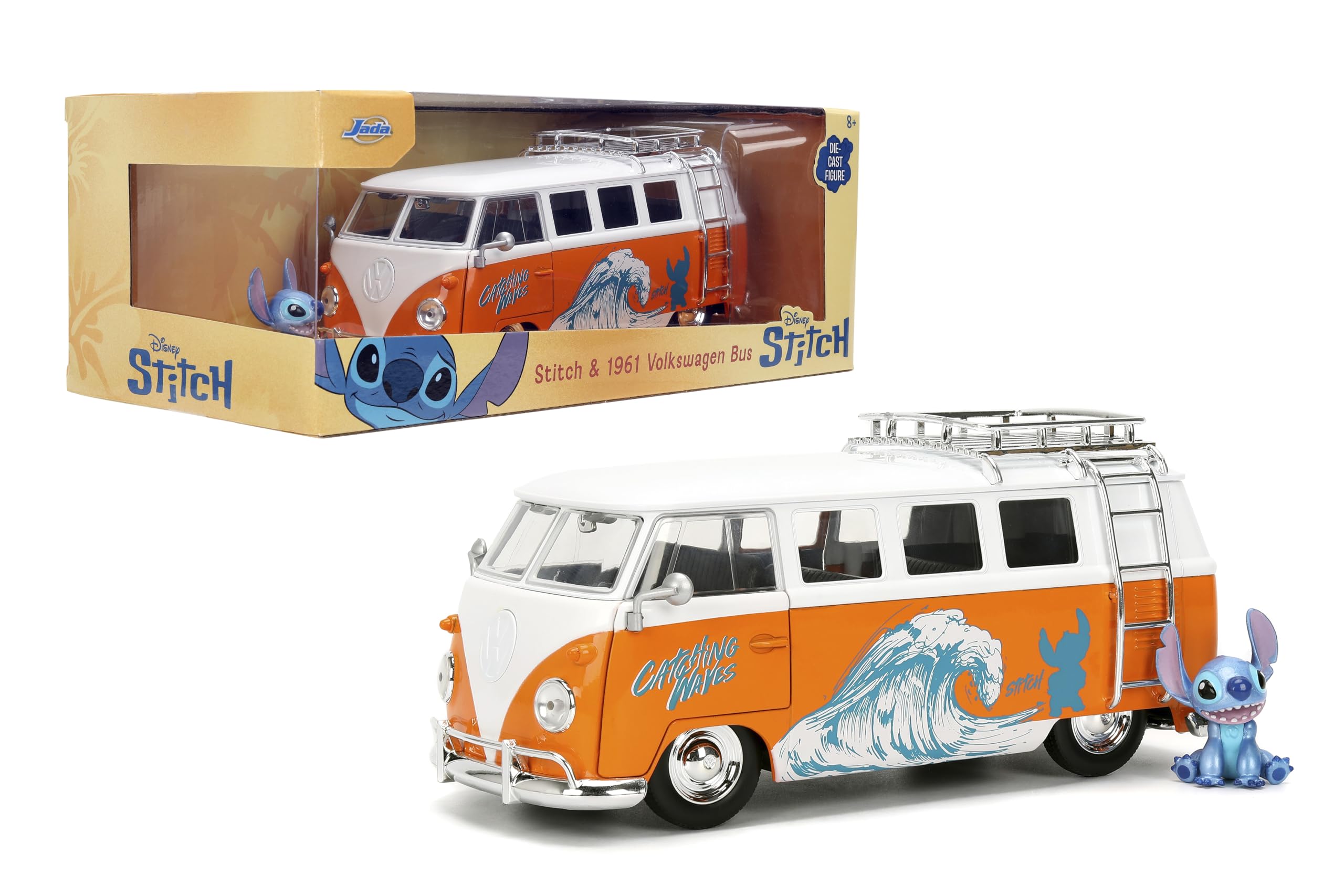 Jada Hollywood Rides Stitch 1961 Volkswagen Bus, orange and white finish, ideal for display.