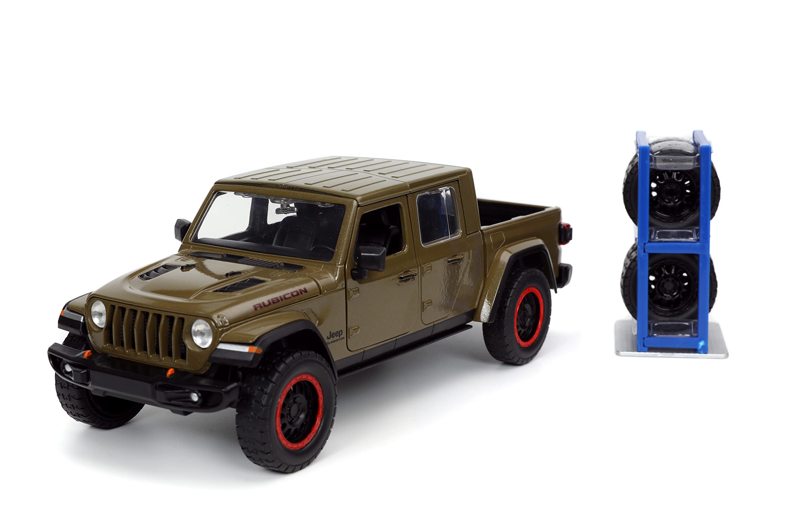 Jada Just Trucks 2020 Jeep Gladiator brown die-cast with tire rack, perfect for display.