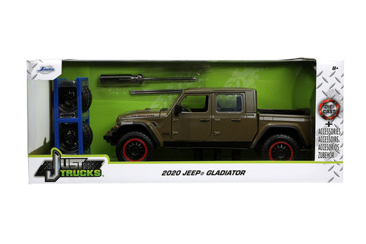 Jada Just Trucks Jeep Gladiator with tire rack, detailed scale model for kids and collectors.