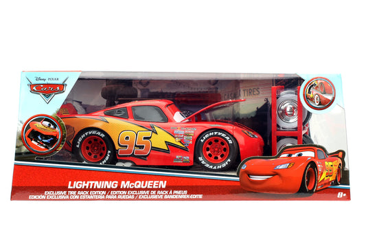 Jada Lightning McQueen tire rack with four wheels enhances display options