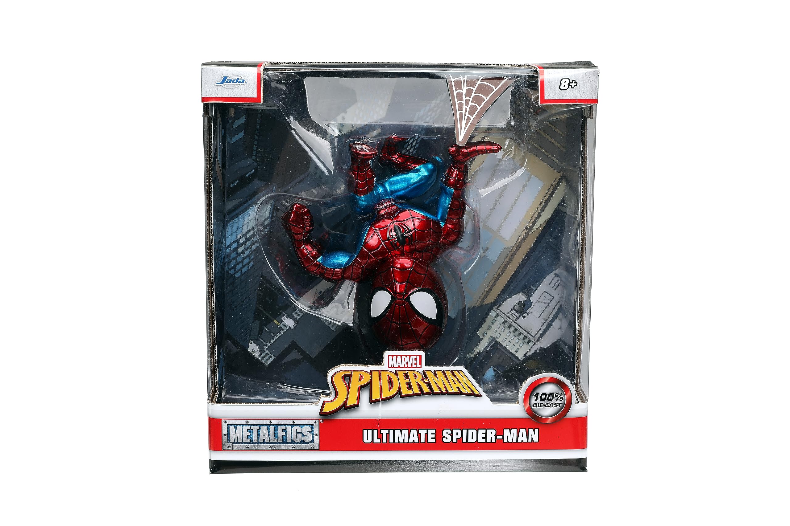 Jada Marvel Spider-Man metallic paint finish enhances collectible appeal.