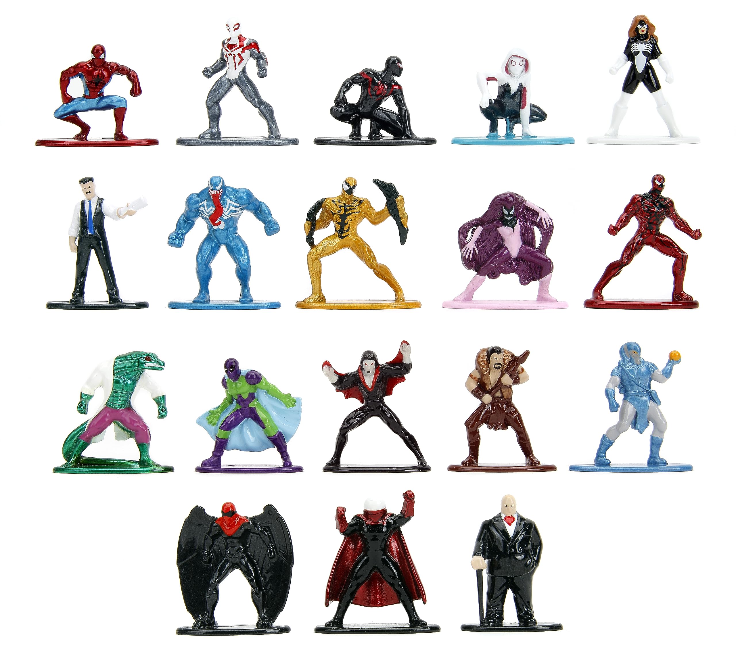 Jada Marvel Spider-Man Nano MetalFigs 18-pack display for collectors.