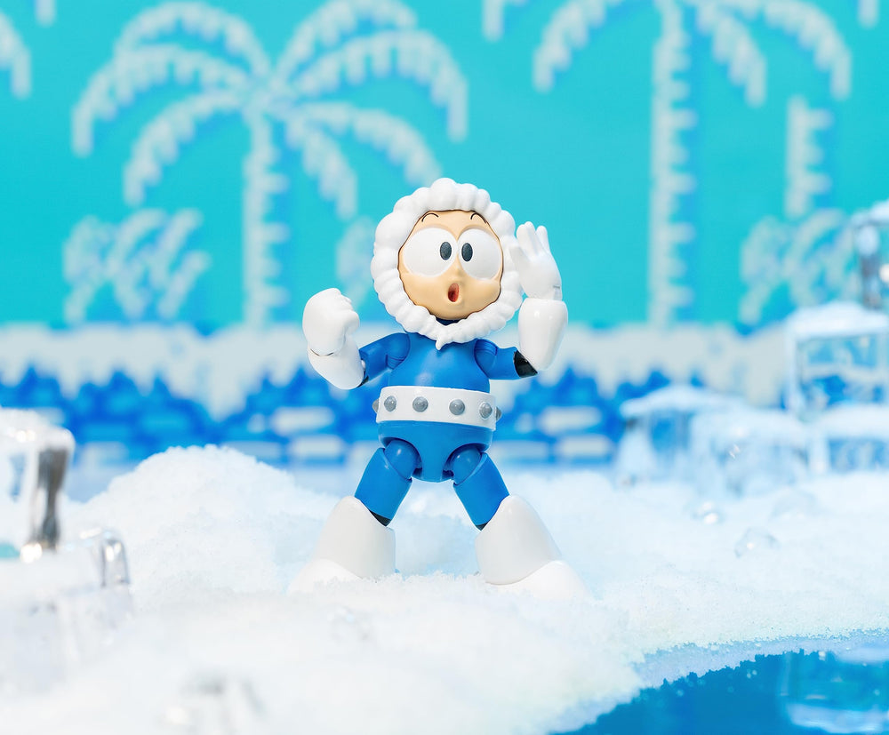 Jada Mega Man Ice Man stand included supports stable posing.