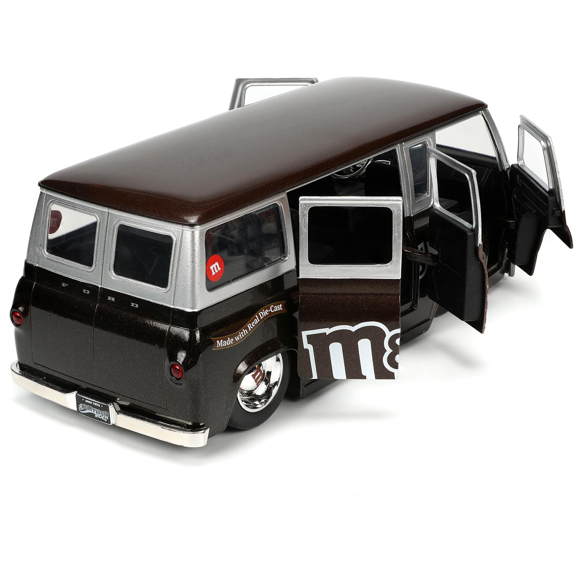 Jada M&M's 1965 Ford Econoline trunk opening for accessory storage.