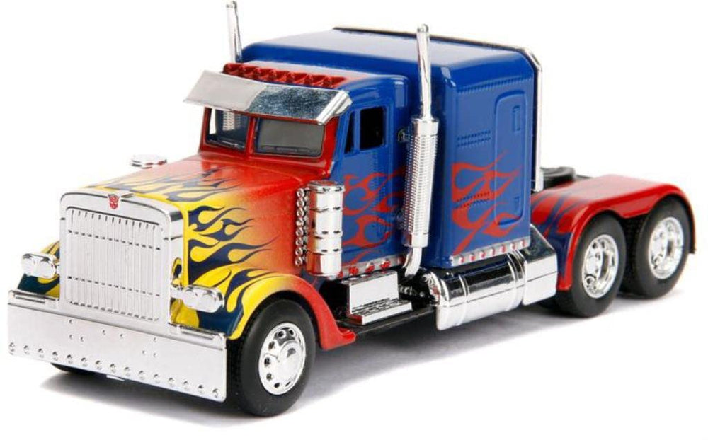 Jada Optimus Prime diecast model with rubber tires, perfect for shelf display.