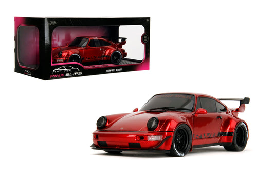 Jada Pink Slips Porsche RWB 964 front view highlights bold color and collectible detail for display shelves.