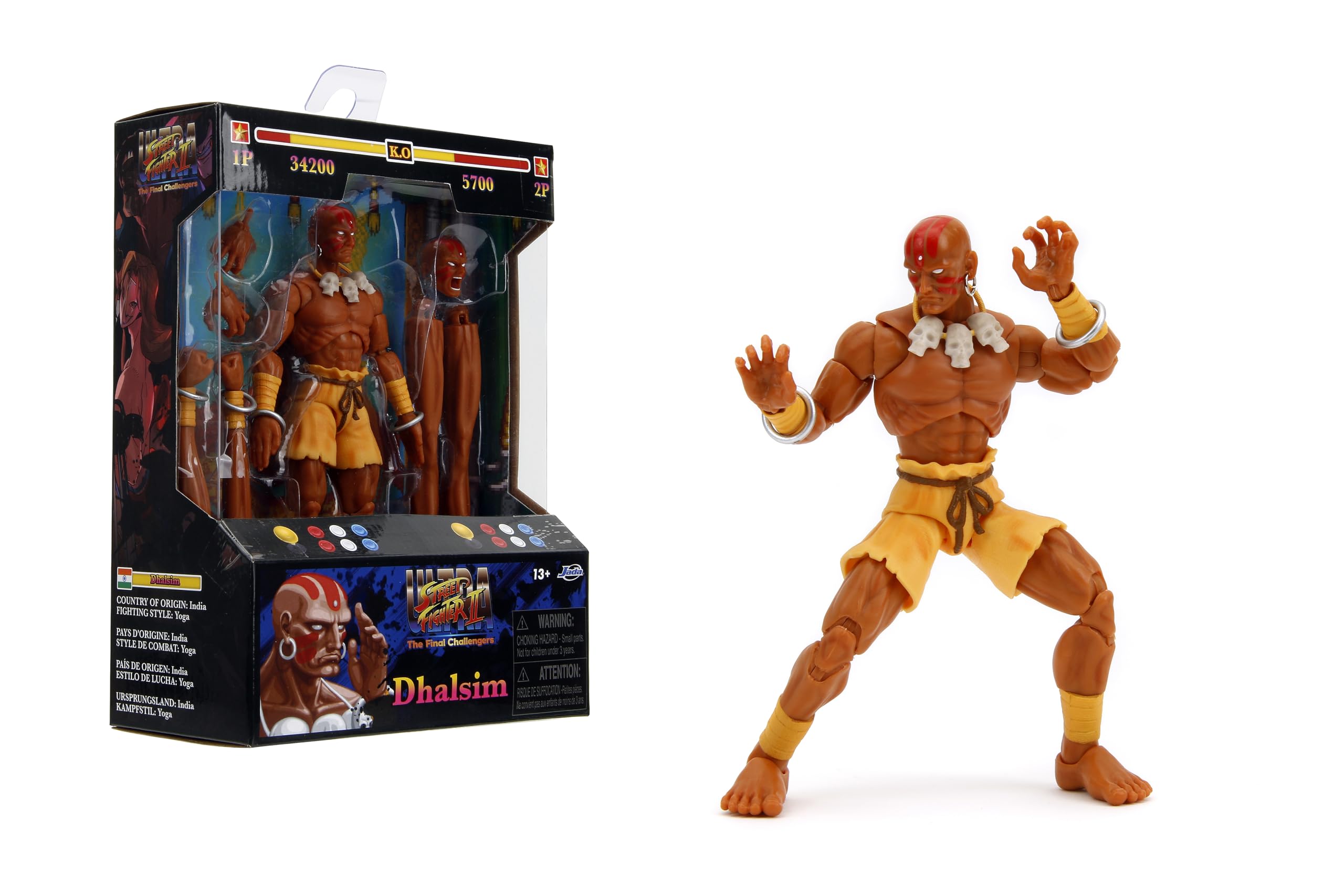 Jada Street Fighter 6 Dhalsim figure close-up showing detailed sculpt and articulation.