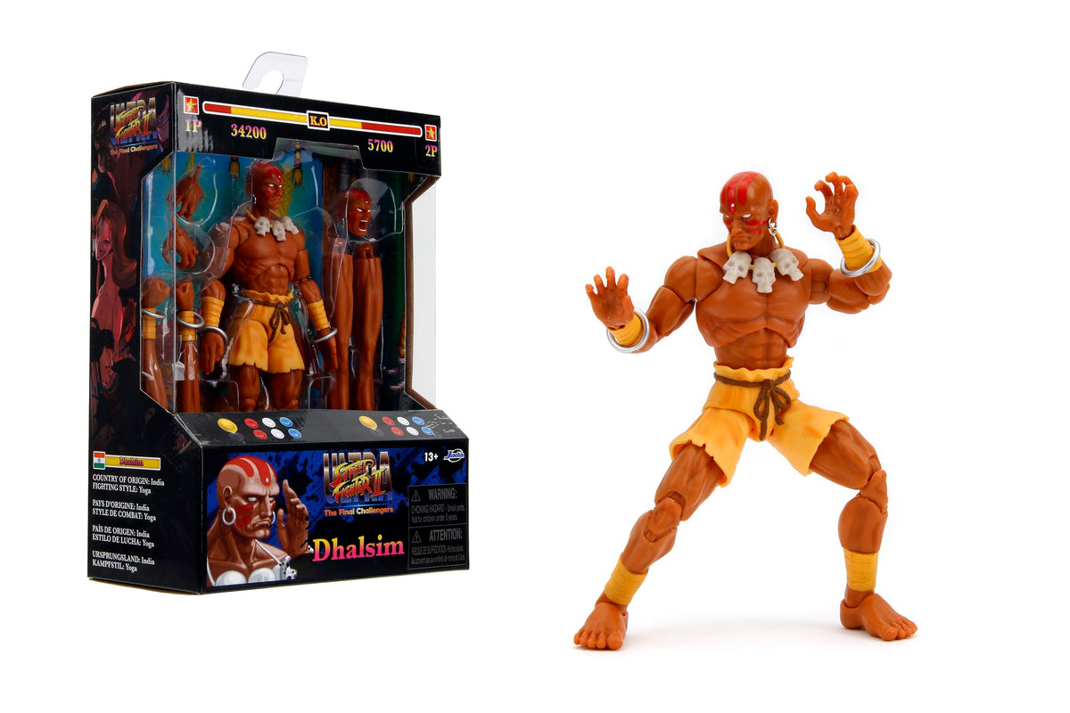 Jada Street Fighter 6 Dhalsim figure close-up showing detailed sculpt and articulation.