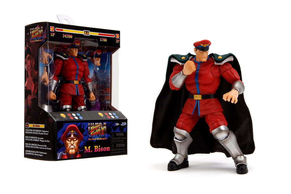 Jada Toys Street Fighter II Bison figure in dynamic pose for display.