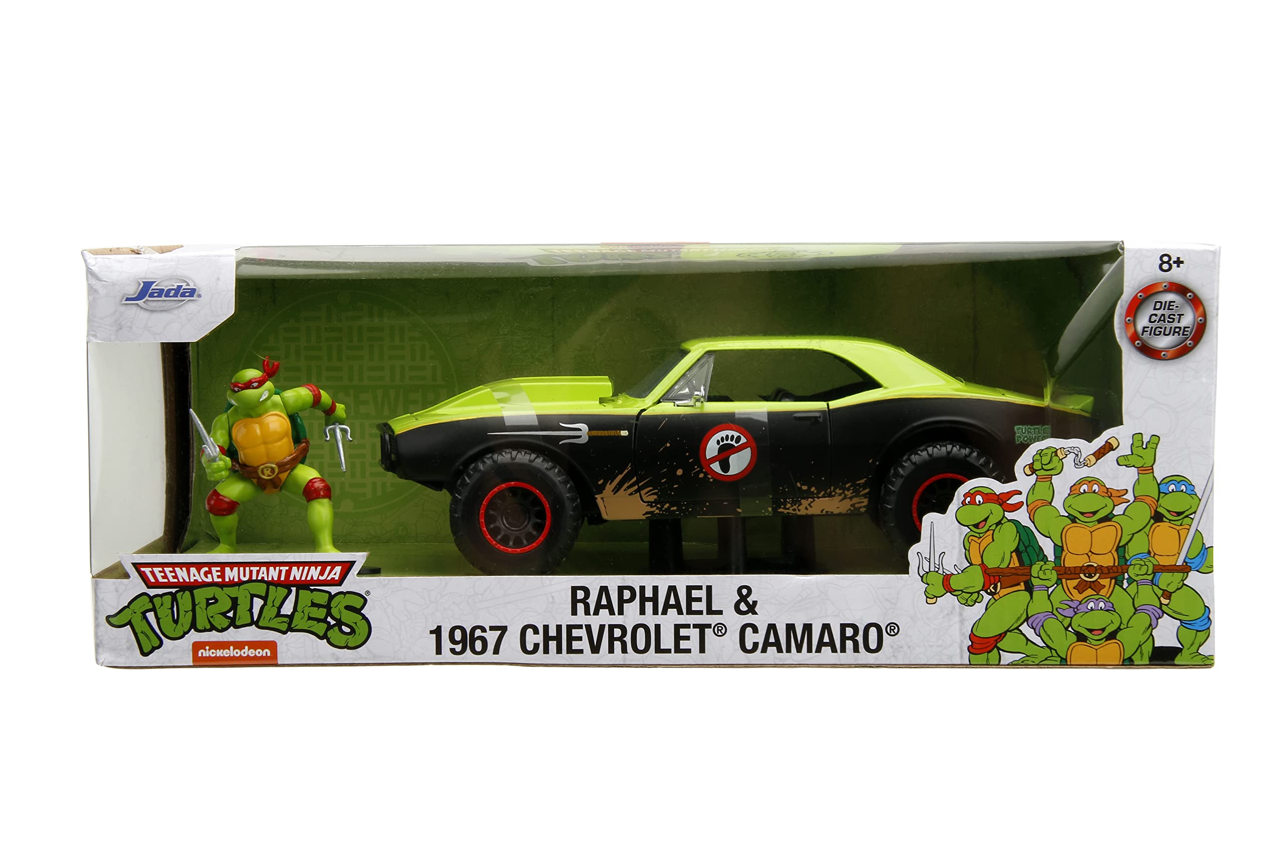 Jada TMNT Camaro side view highlighting bold logos and decals for display appeal.