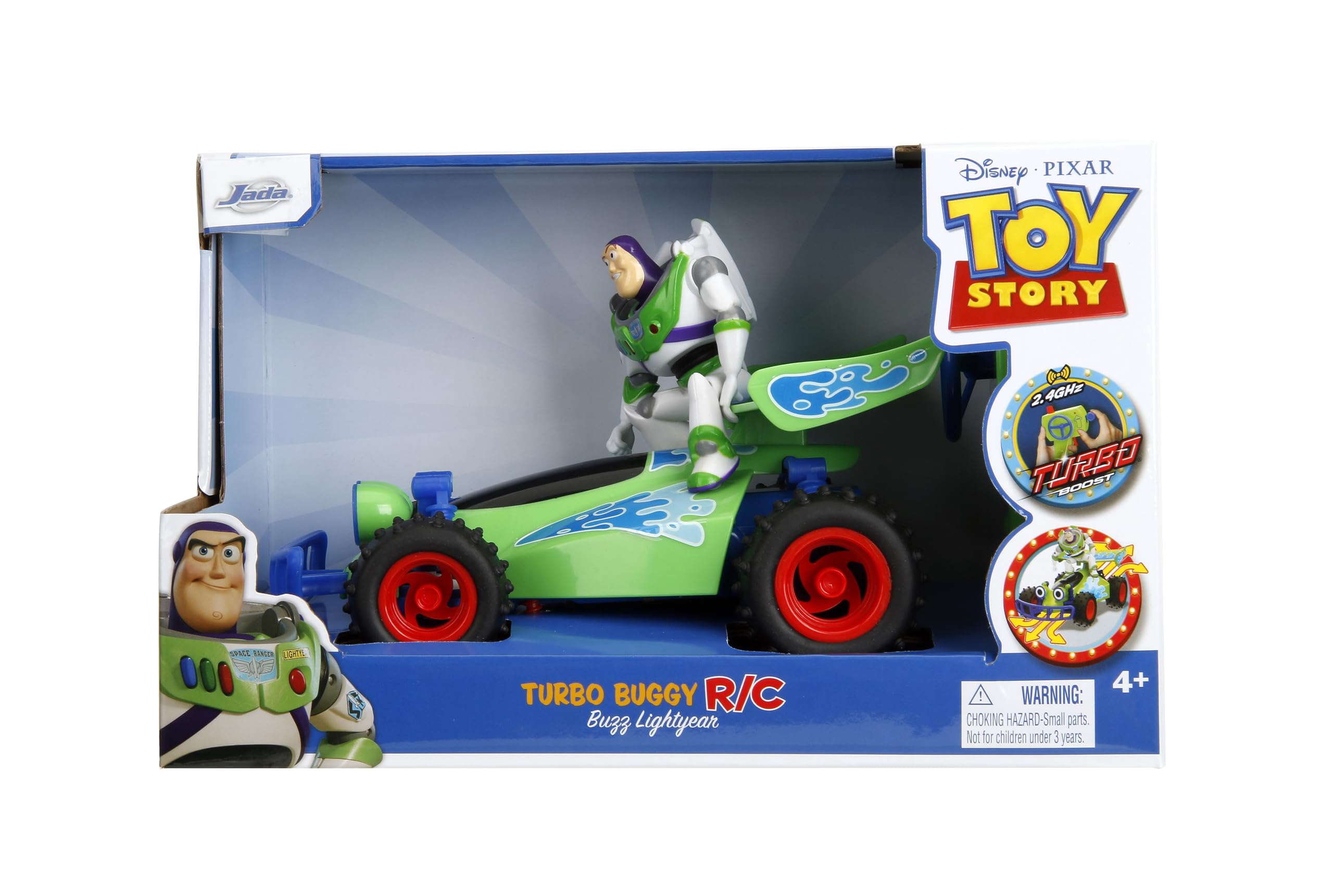 Jada Toy Story Turbo Buggy bold green and blue design sparks imagination during home adventures.