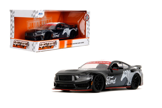 Jada Toys Bigtime Muscle Mustang Dark Horse front view with glossy black finish for display