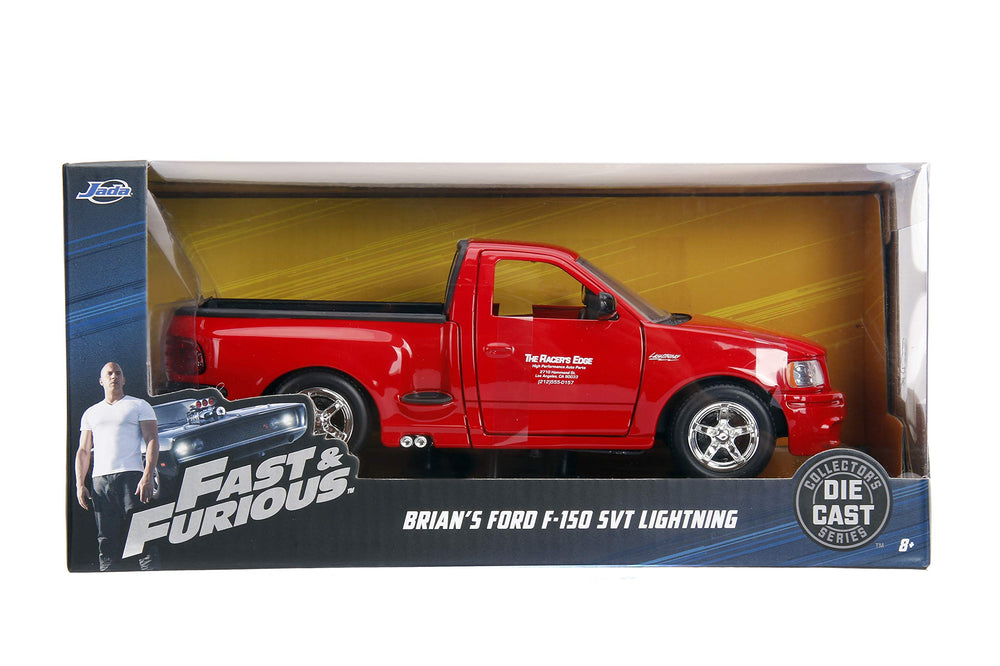 Jada Toys Brian's Ford F-150 SVT Lightning metallic red finish stands out on display