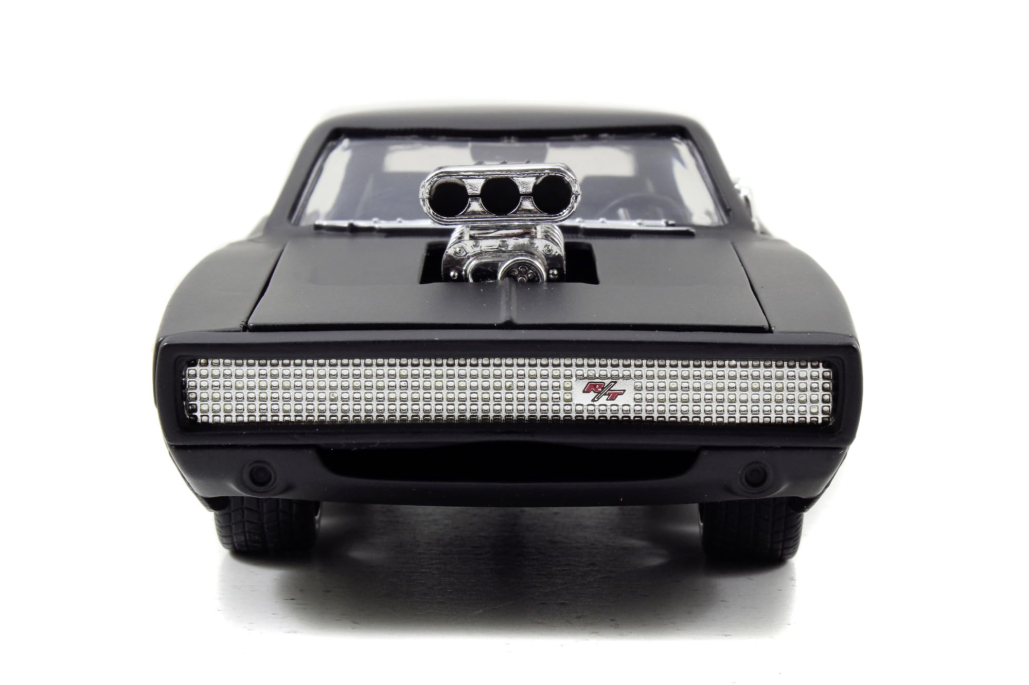 Jada Toys Furious 7 1970 Dodge Charger open hood highlights detailed engine bay realism for collectors.