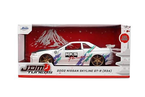 Jada Toys JDM Tuners Nissan Skyline GT-R R34 glossy white rear view for elegance on shelves