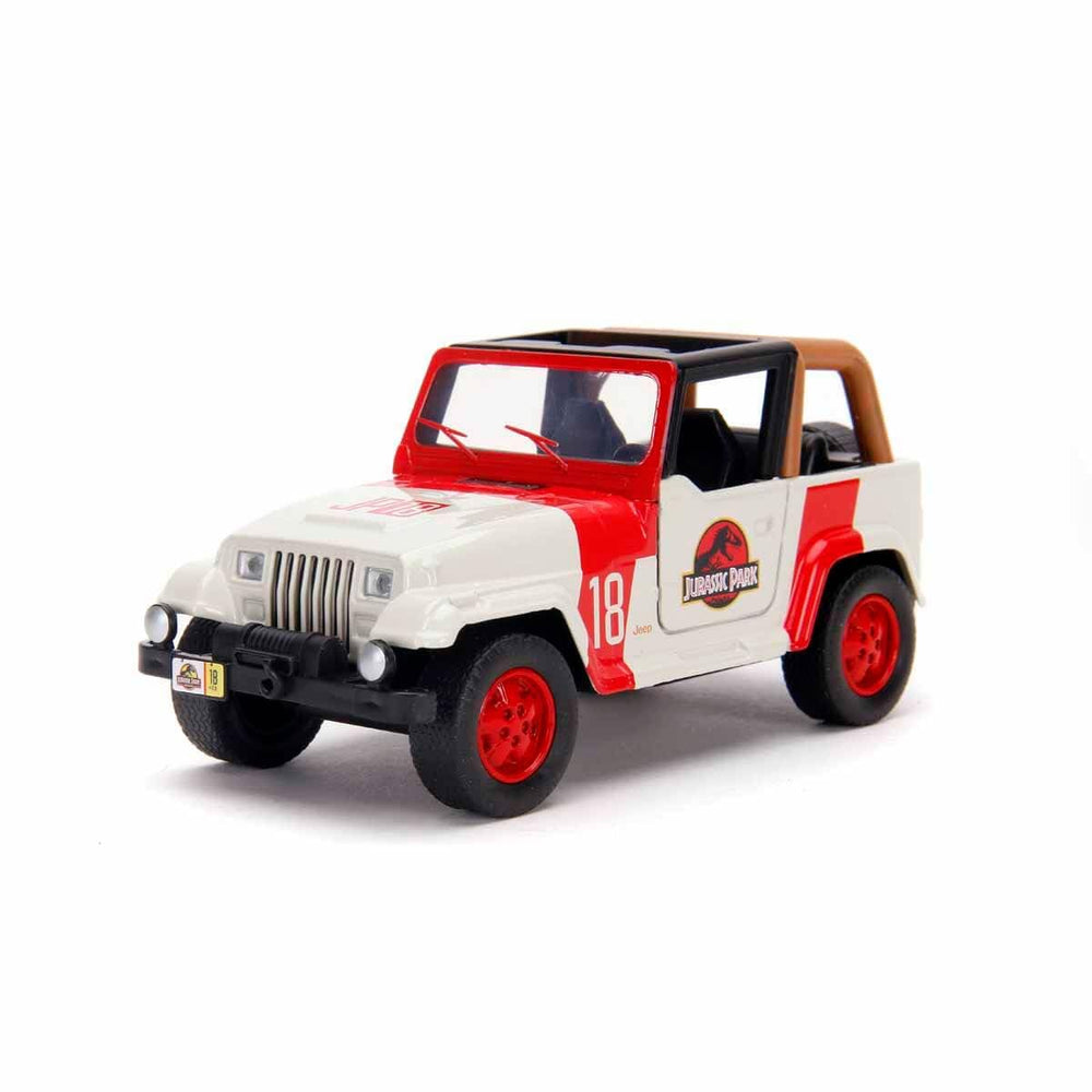 Jada Toys Jurassic World Jeep Wrangler 1:32 front view highlights authentic movie styling for display