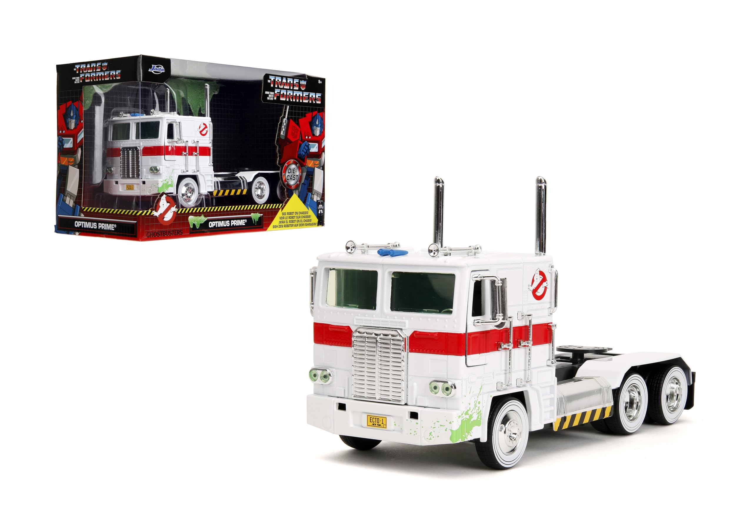Jada Optimus Prime Big Rig with Ecto-1 graphics, front view for display appeal