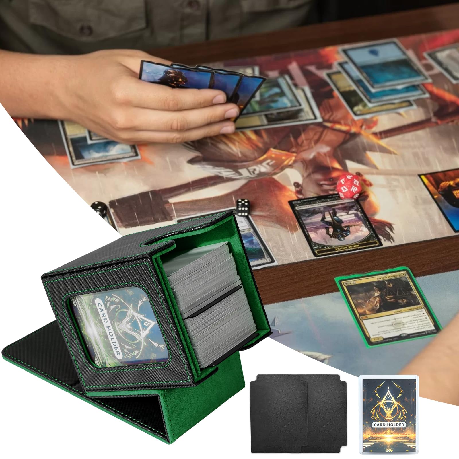 Jaffzora deck box includes two dividers and a card holder for neat organization.