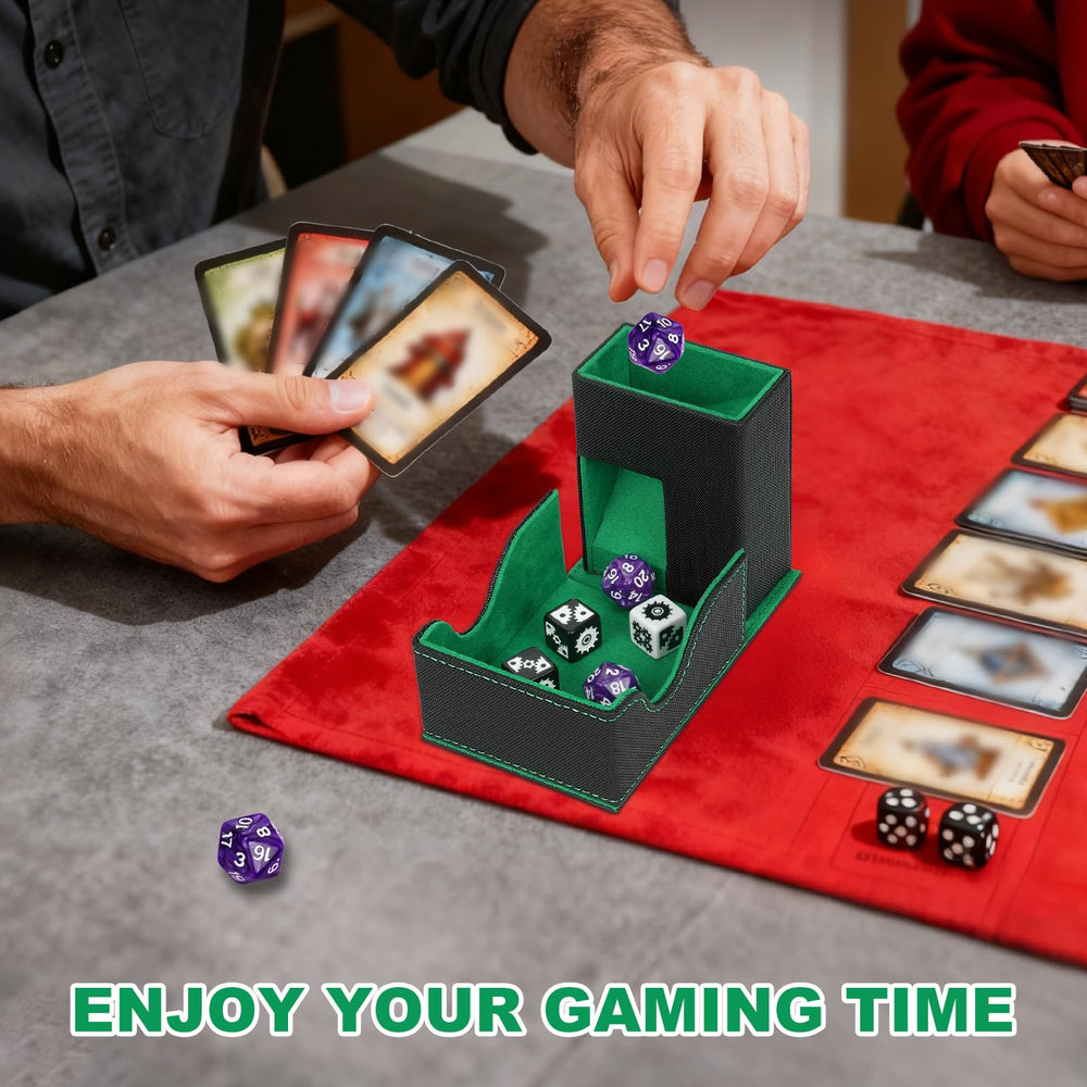 Jaffzora dice tower; compact storage keeps gaming area tidy.