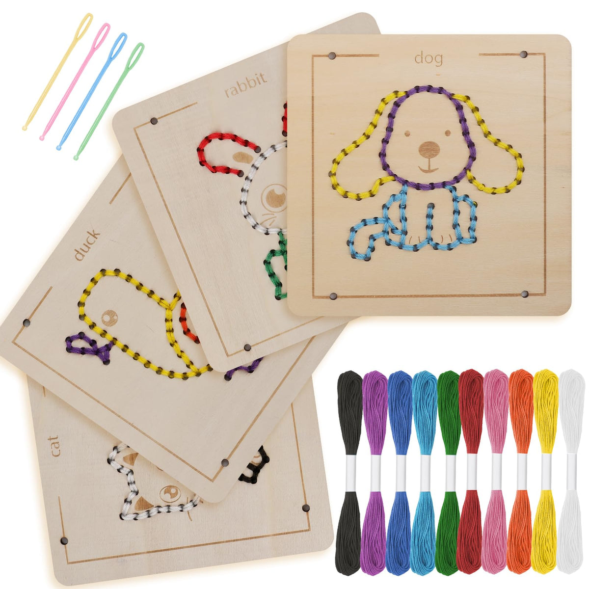 JAiiMen Montessori lacing templates on wooden board for focused fine motor practice.