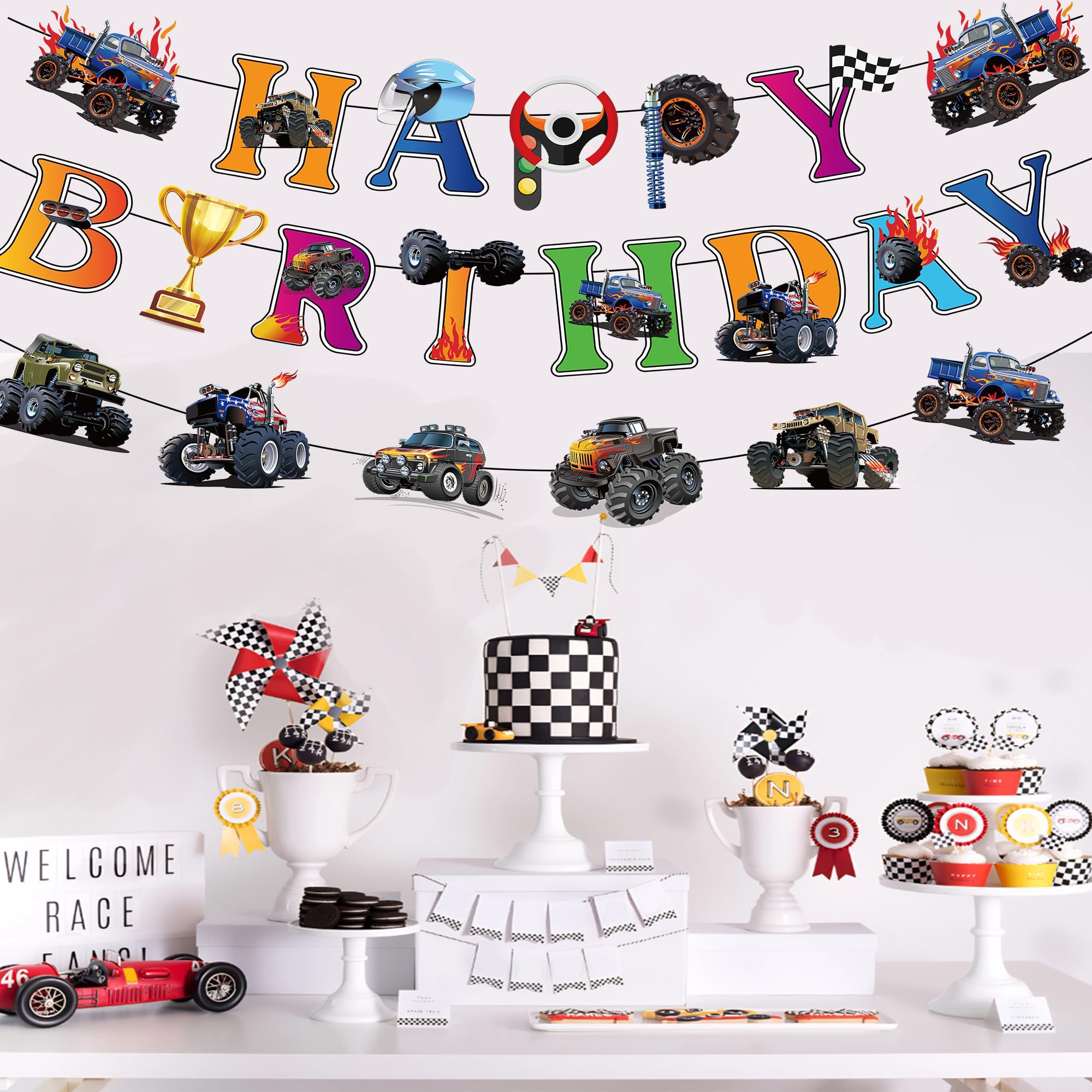 Jajajuegos monster truck banner diy assembly ready-to-hang for quick setup.
