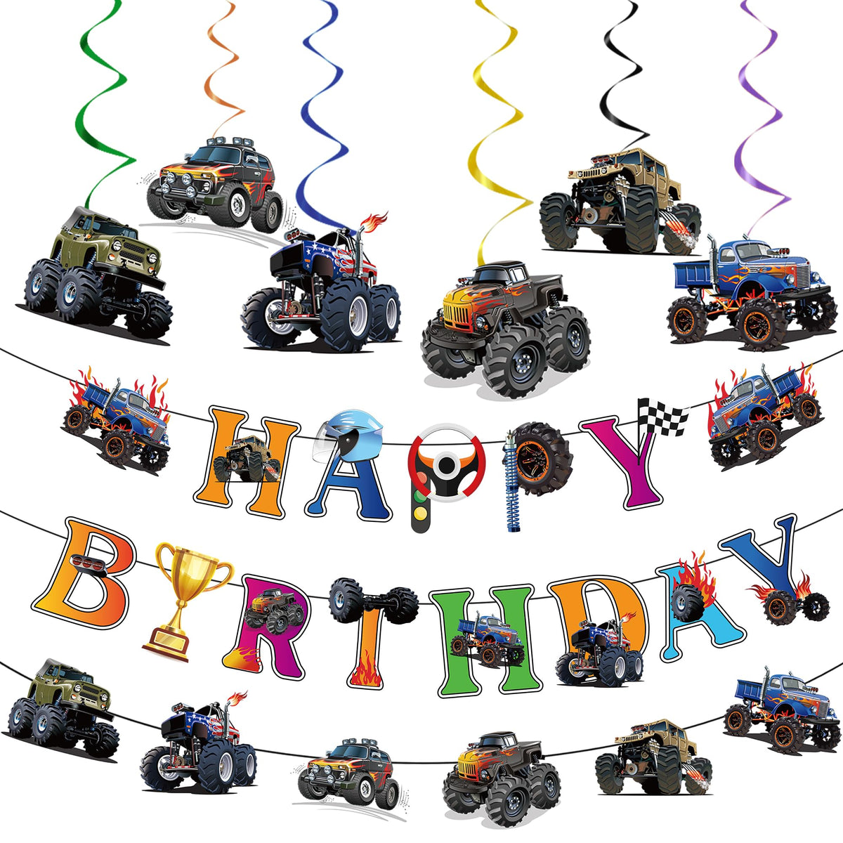 Jajajuegos monster truck banner happy birthday creates a bright party backdrop.