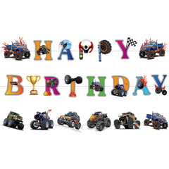 Jajajuegos monster truck banner pack display is versatile for indoor parties.
