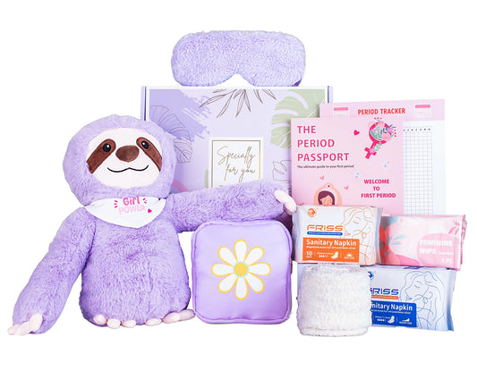 JAJOAGIA first period kit for girls with a purple bag, designed for school daily use.