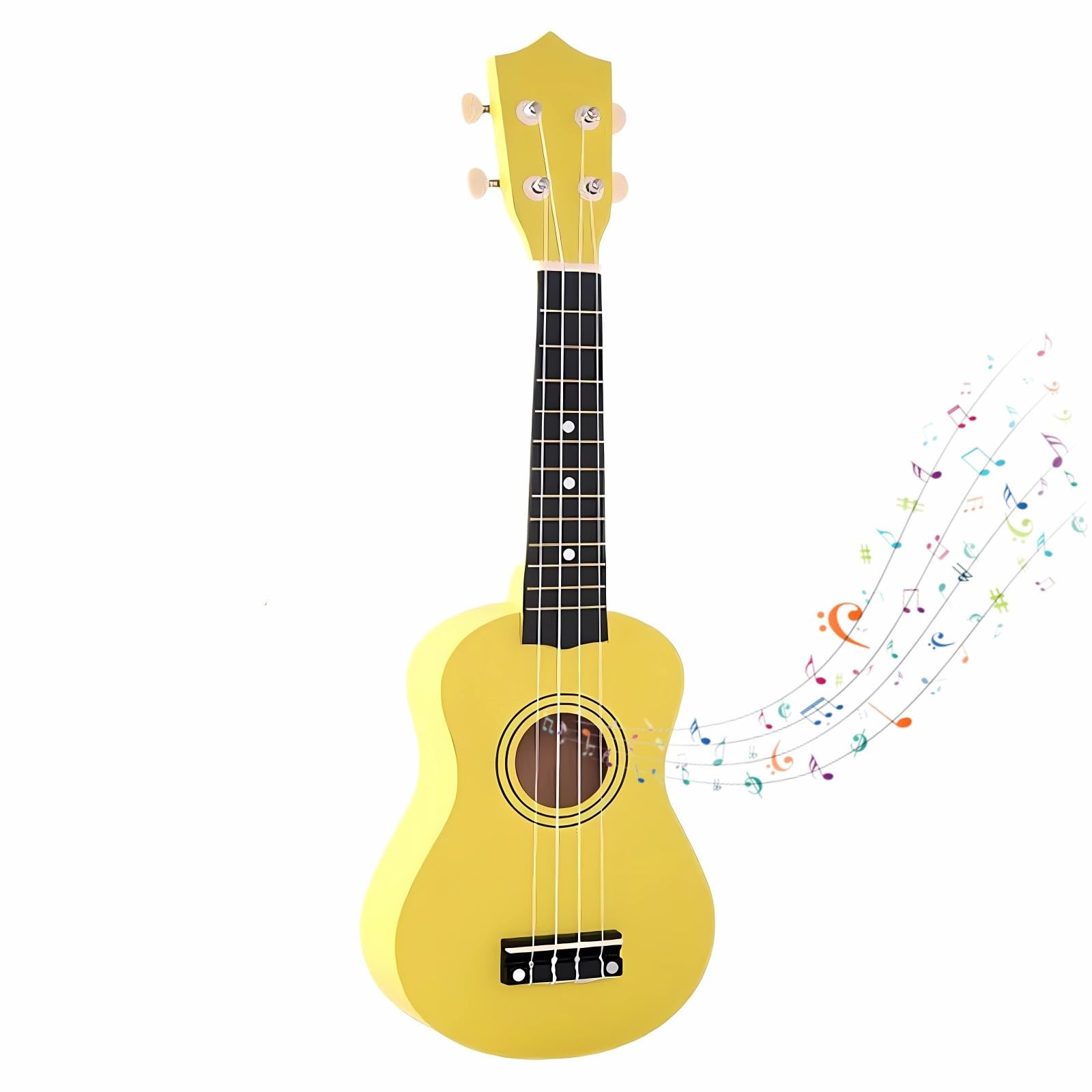 Jakeloo 21-inch wooden kids guitar yellow front view for beginner musicians.