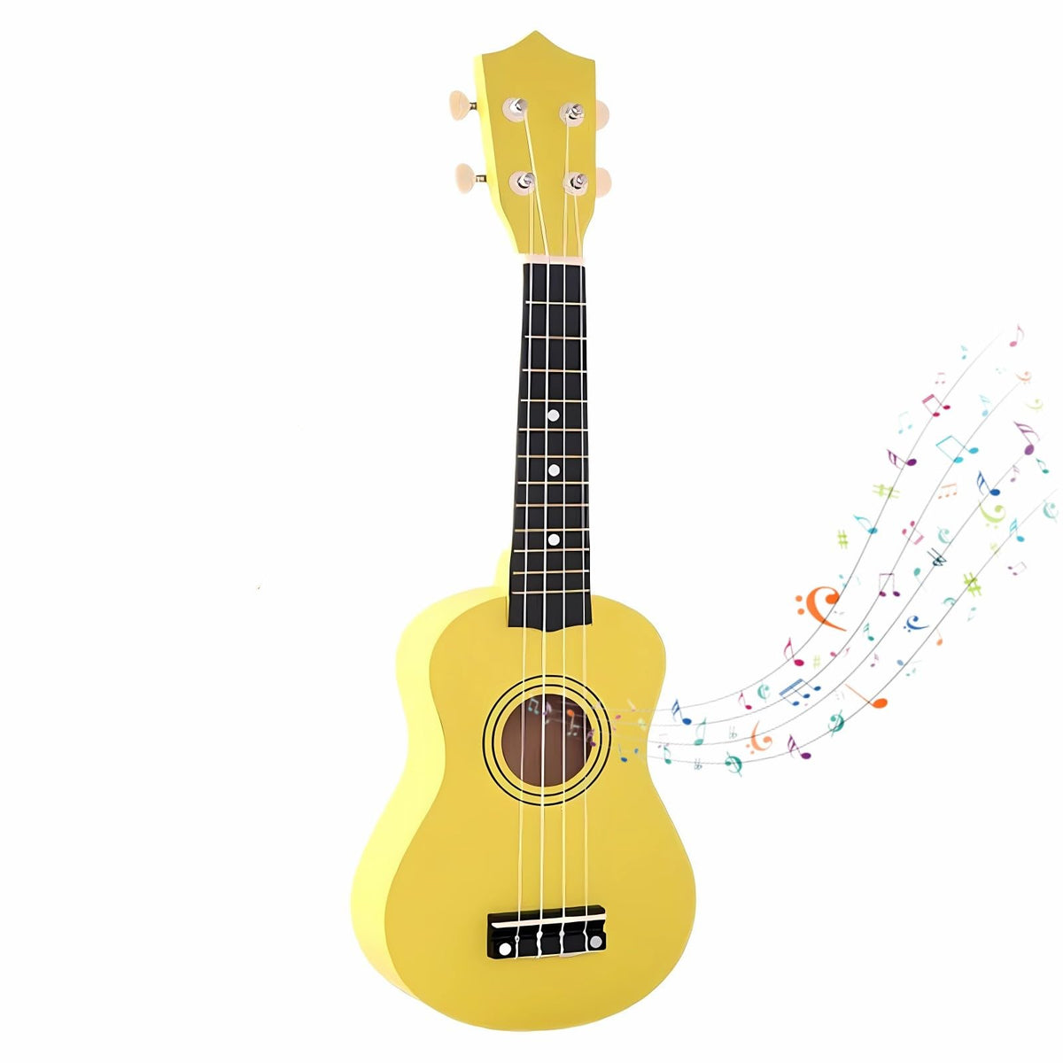 Jakeloo 21-inch wooden kids guitar yellow front view for beginner musicians.