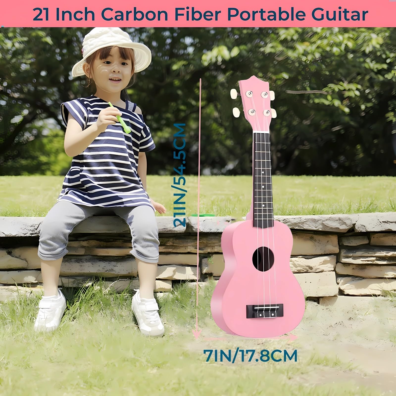 Jakeloo 4-string acoustic kid guitar pink close-up showing string setup