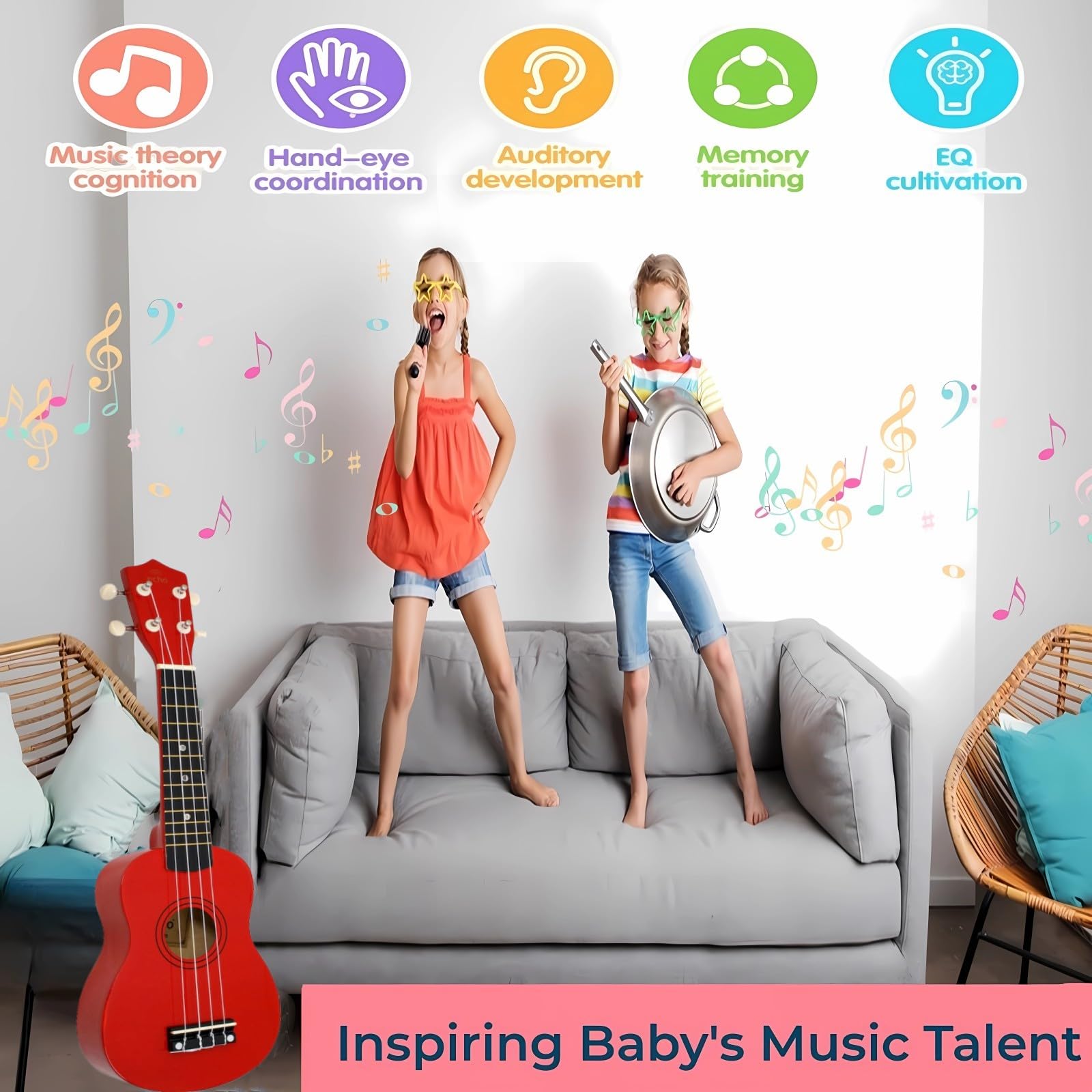 Jakeloo kids acoustic guitar back view easy grip and safe design for little hands.