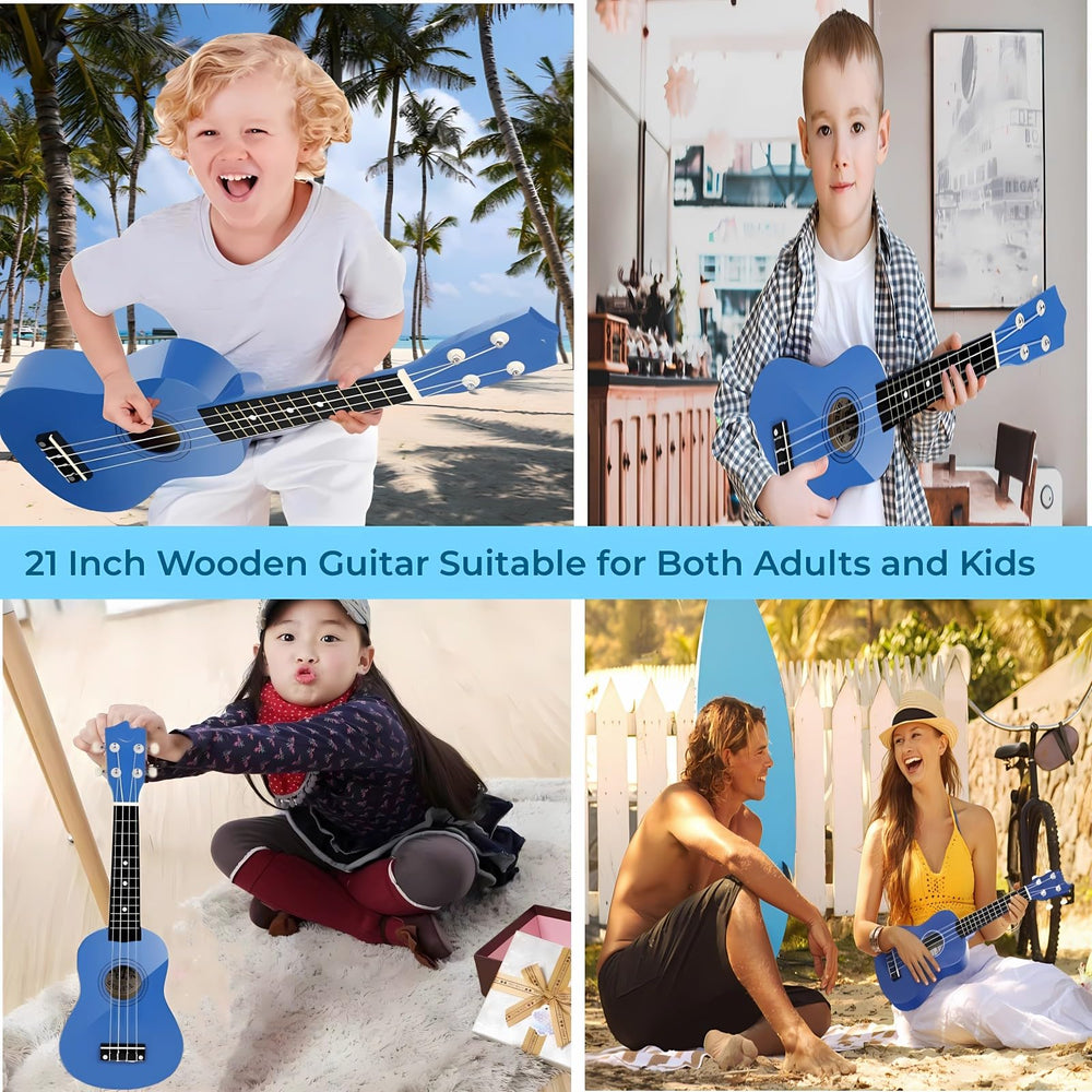 Jakeloo wooden kids guitar in action emphasizes portability for playtime anywhere.