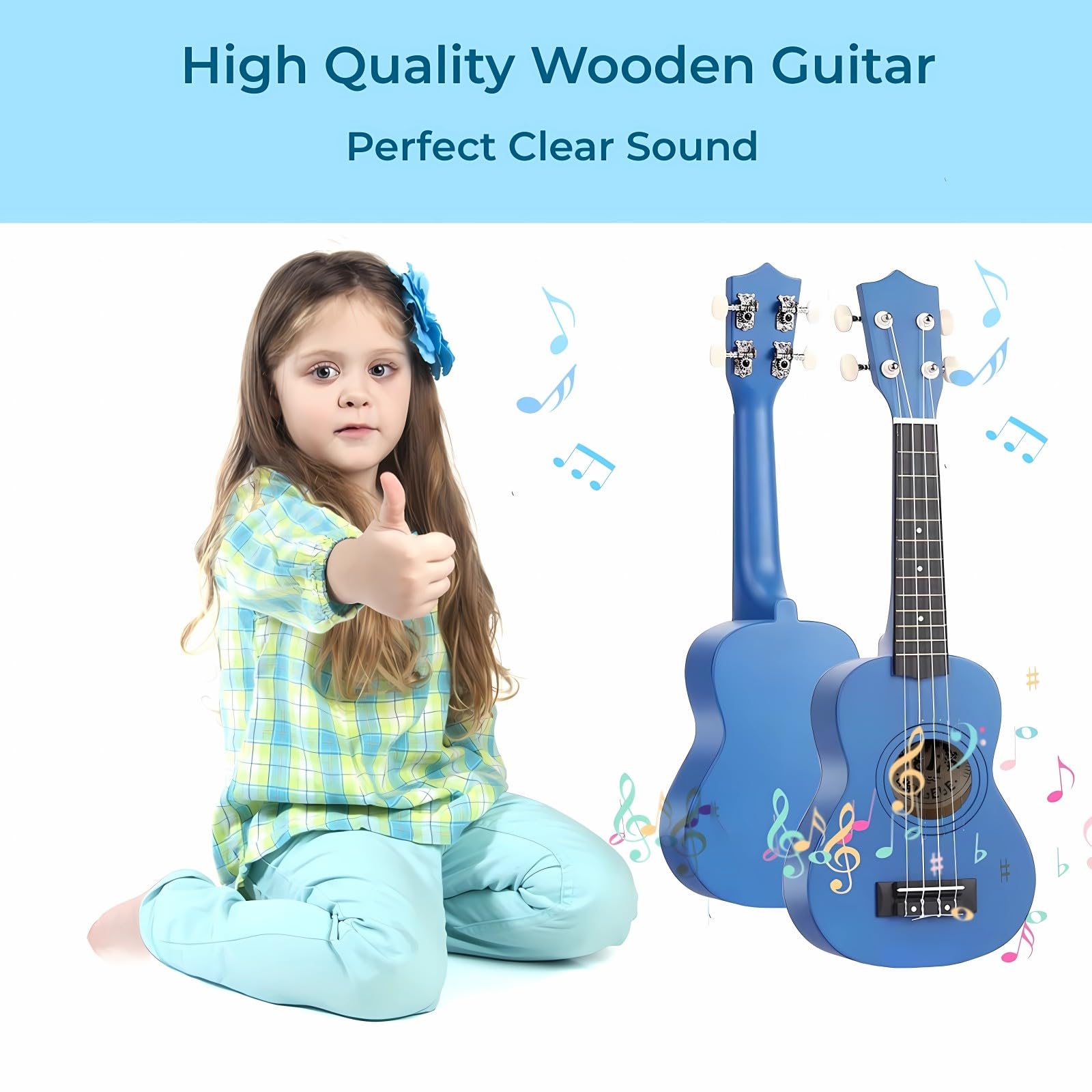 Jakeloo wooden kids guitar strings closeup shows durable plastic strings for learning.