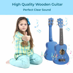 Jakeloo wooden kids guitar strings closeup shows durable plastic strings for learning.