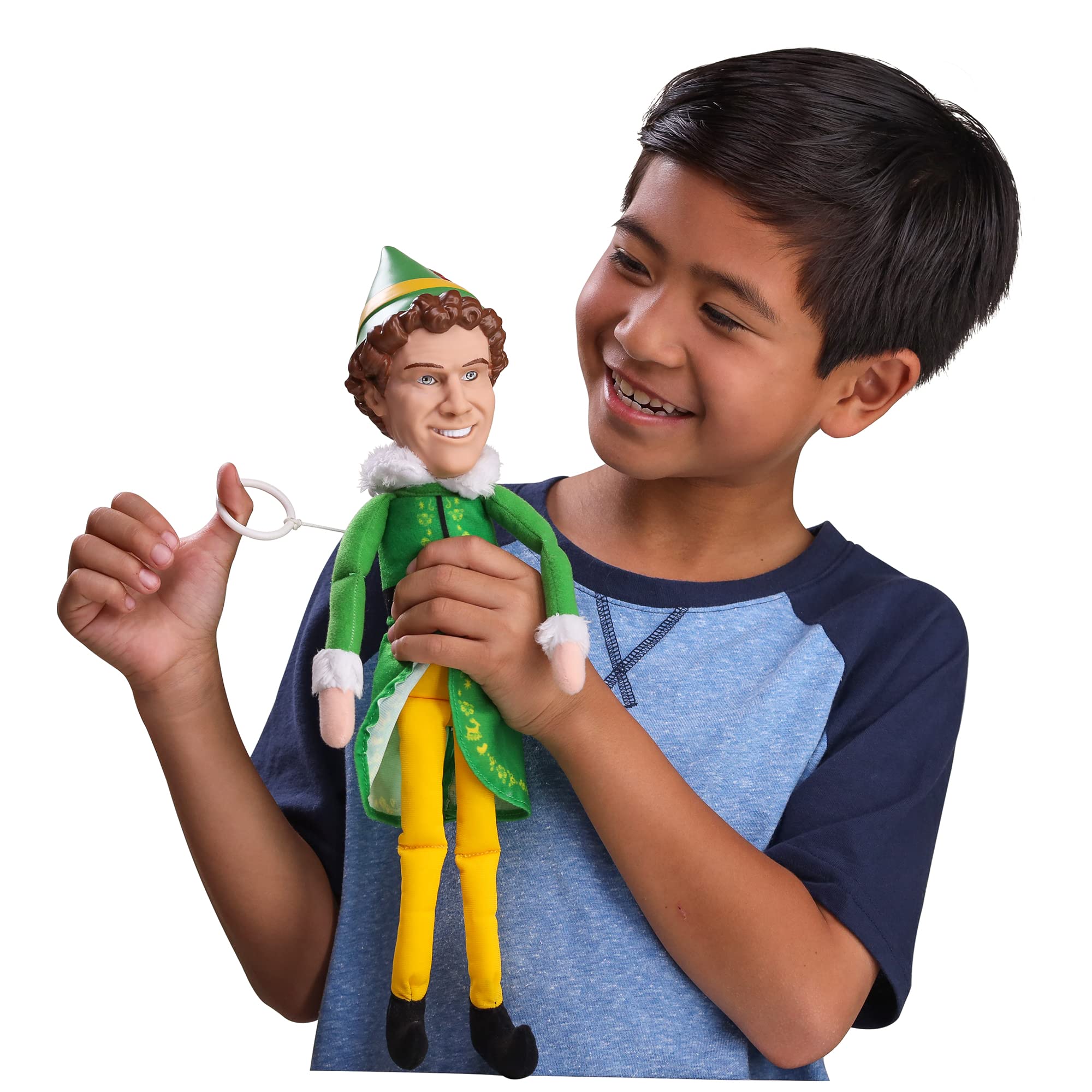 Soft fabric and detailed elf costume evoke festive warmth.