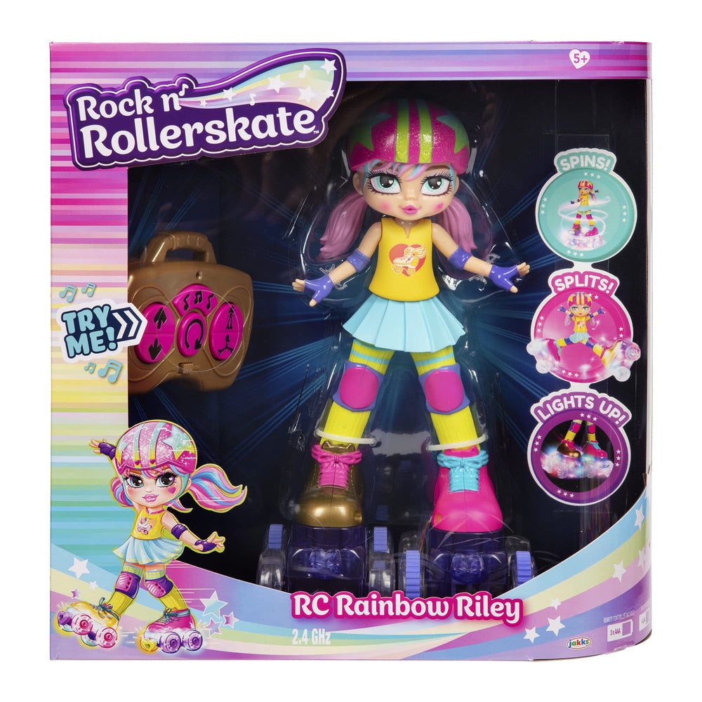 Wheels on Rainbow Riley glow as she skates