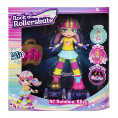 Wheels on Rainbow Riley glow as she skates