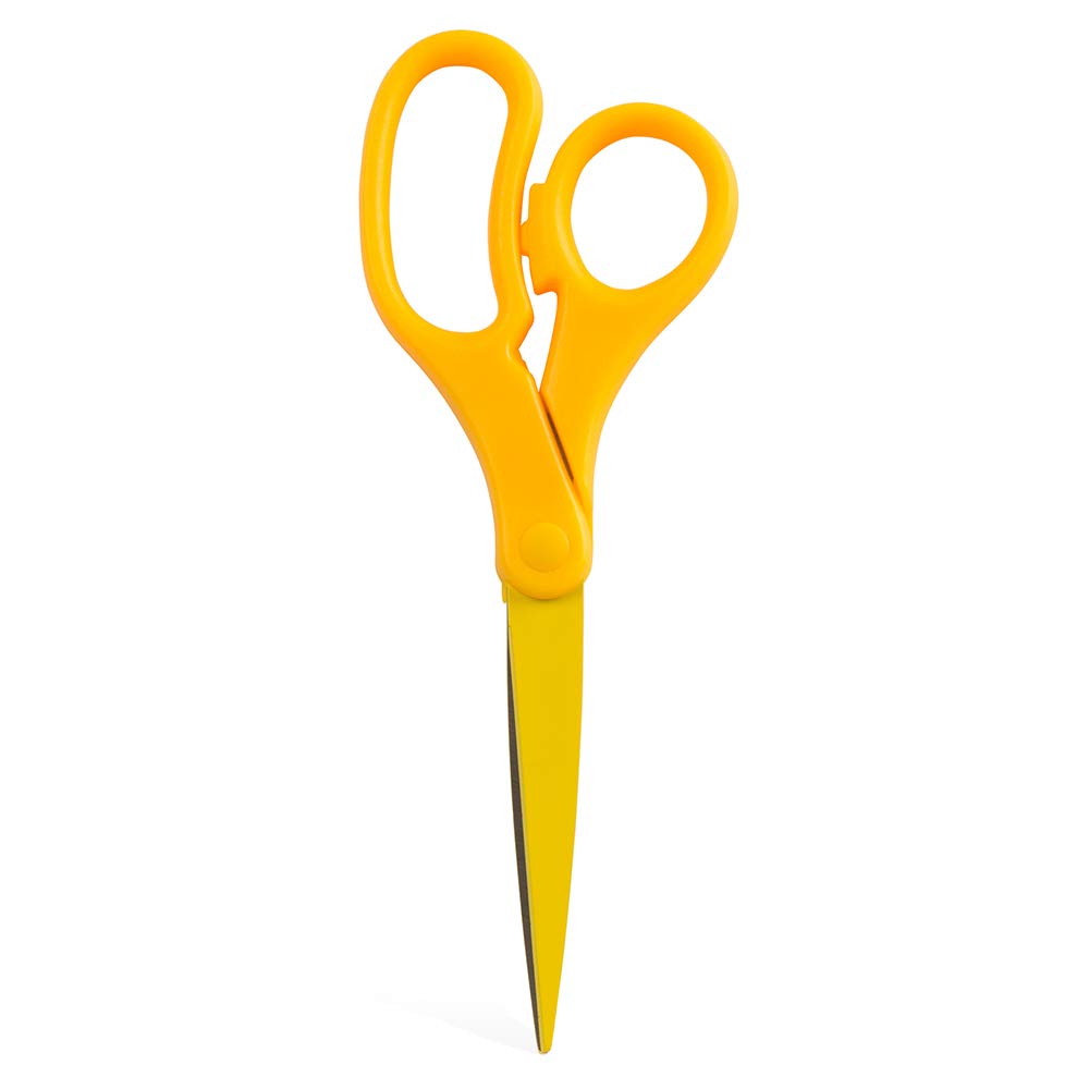 JAM Paper 8-Inch scissors, yellow handle, close-up, ideal for precise cuts.