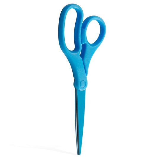 JAM Paper blue precision scissors close-up on stainless blades.