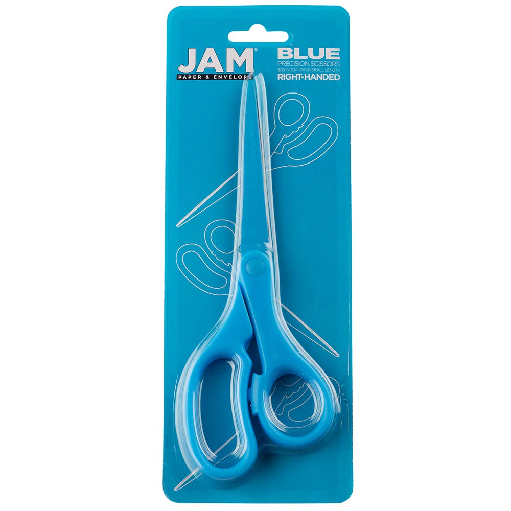 JAM Paper blue scissors cutting paper, cardstock, and fabric.