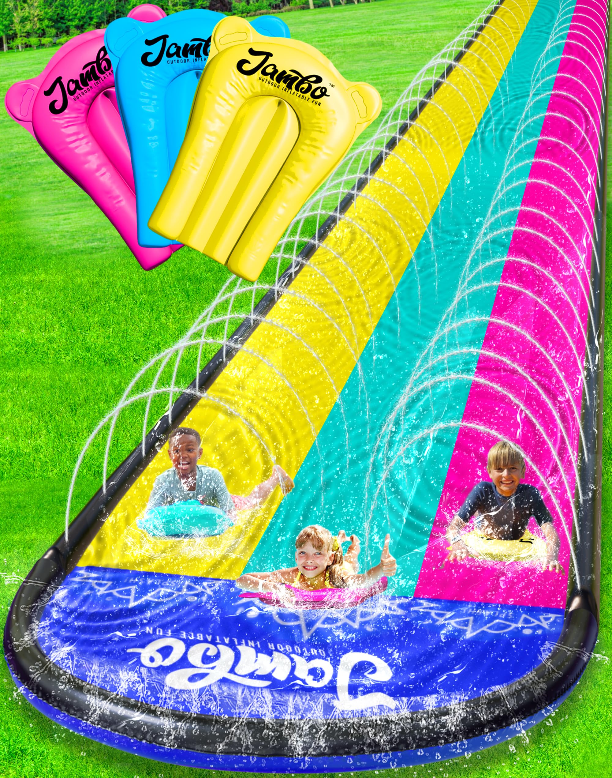 JAMBO XL slip-splash slide side view shows three lanes for backyard family fun