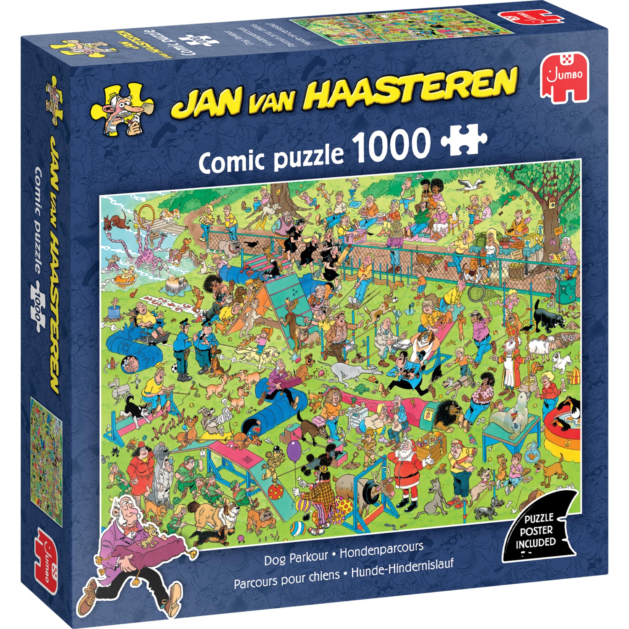 Jan van Haasteren Dog Parkour puzzle cover in vibrant colors for adults.