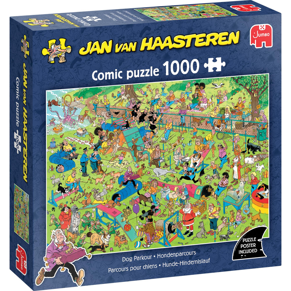 Jan van Haasteren Dog Parkour puzzle cover in vibrant colors for adults.