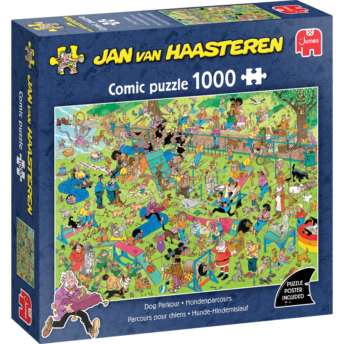 Jan van Haasteren Dog Parkour puzzle cover in vibrant colors for adults.