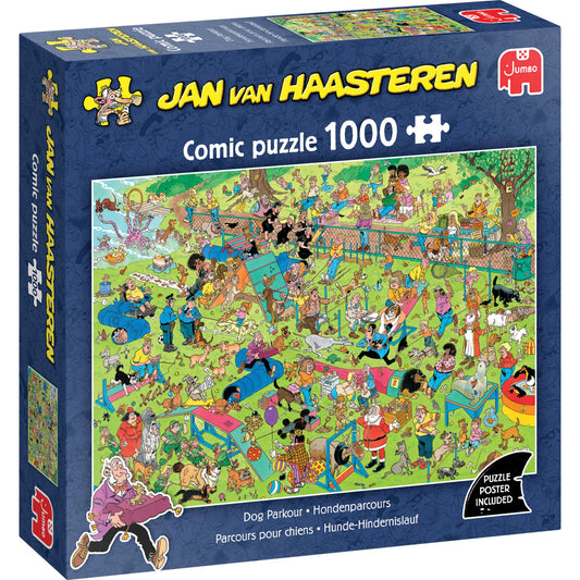 Jan van Haasteren Dog Parkour puzzle cover in vibrant colors for adults.