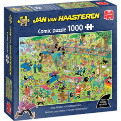 Jan van Haasteren Dog Parkour puzzle cover in vibrant colors for adults.