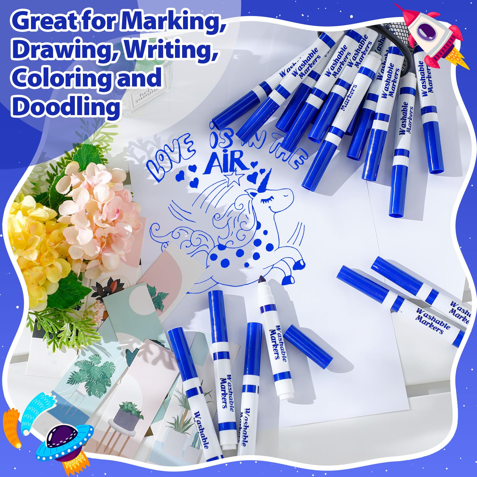 Janlaugh blue markers clean up easily from skin, clothing, and most fabrics