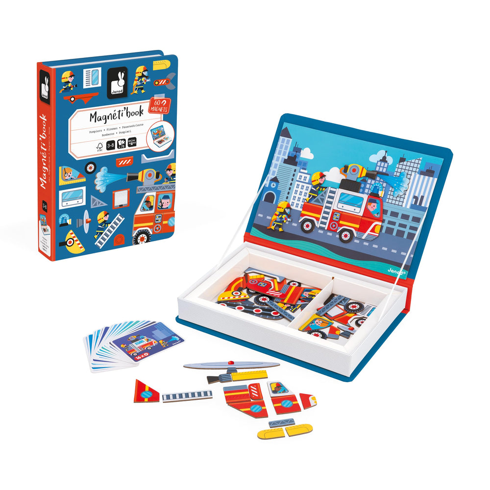 Janod Magnéti'Book Firefighters compact design fits shelves and bags.
