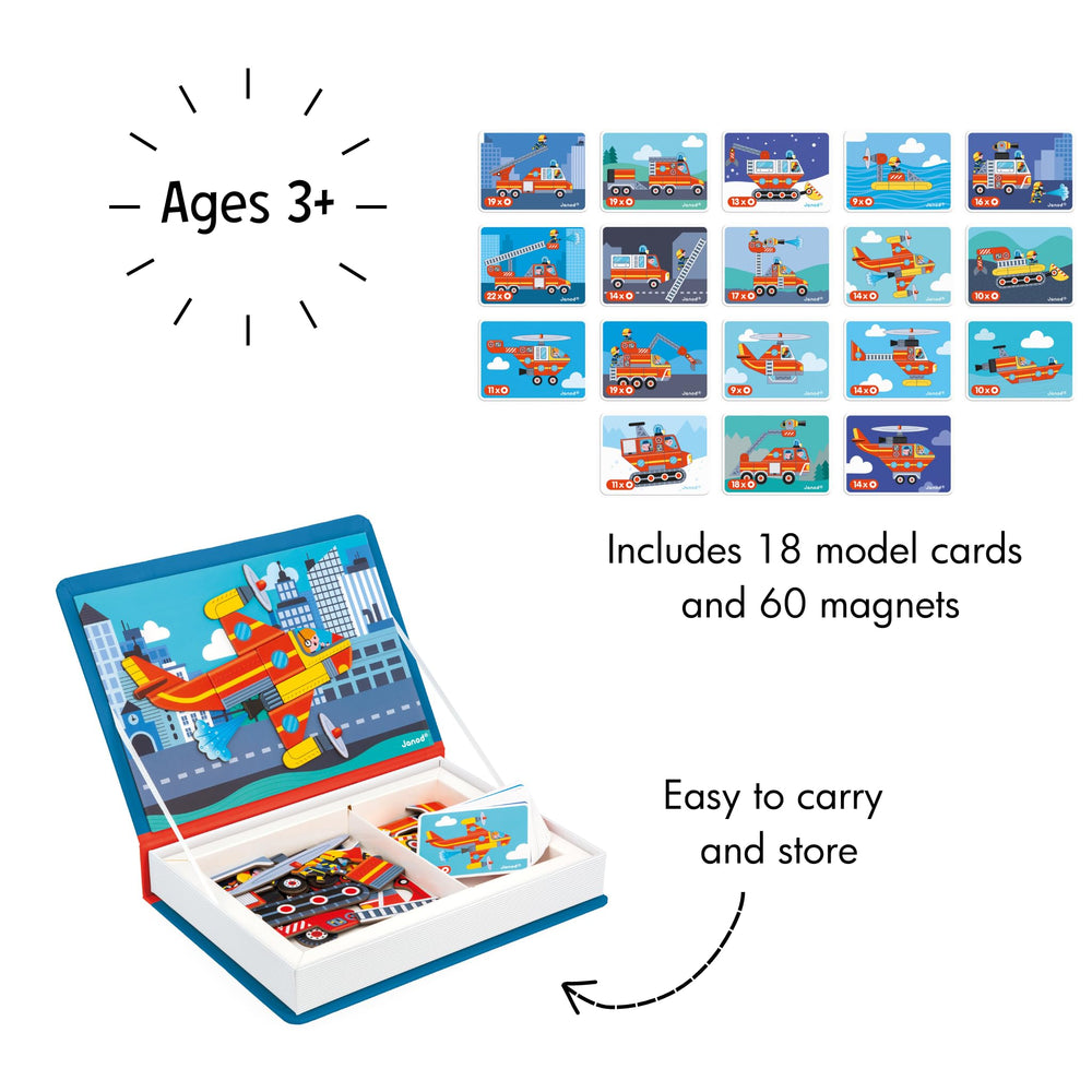 Janod Magnéti'Book Firefighters scenery board lid keeps play stable.
